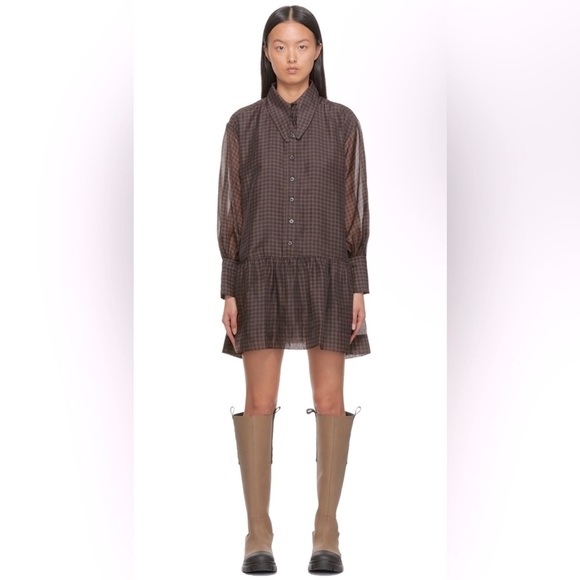 GANNI NWT Brown and Black Checkered Oversized Drop Waist Mini Dress XL